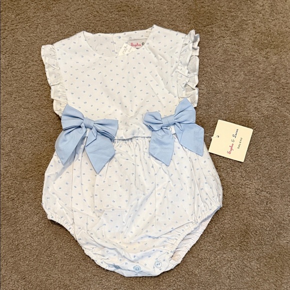 Sophie & Lucas Blue Polka Dot 2 Piece Outfit with Bows - Picture 1 of 7